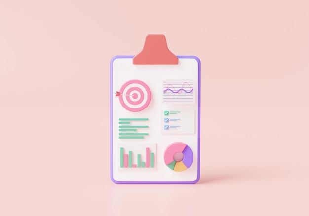 Dashboard and Business financial report chart with Clipboard paper SEO optimization dashboard and report chart checklist graph analytic target Data analytics 3d icon render illustration