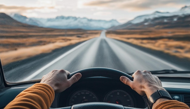 Photo dashboard view of a man driving a car on highway road