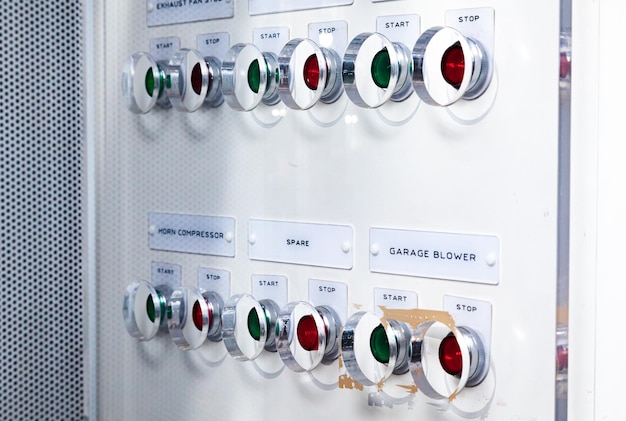 Dashboard with buttons to start and stop systems in the ship's engine room