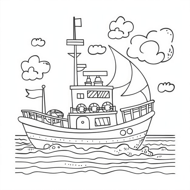 Photo a dashed boat outline for a coloring book template a fun and engaging worksheet for kids