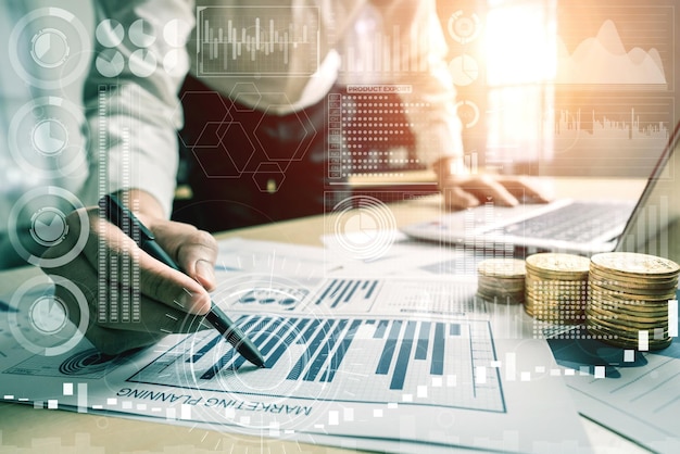 Data Analysis for Business and Finance Concept. Graphic interface showing future computer technology of profit analytic, online marketing research and information report for digital business strategy.