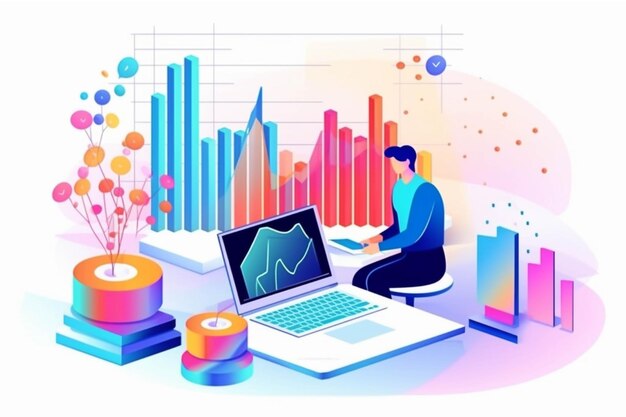 Data analysis concept in isometric 3d vector illustration Businessman working on laptop