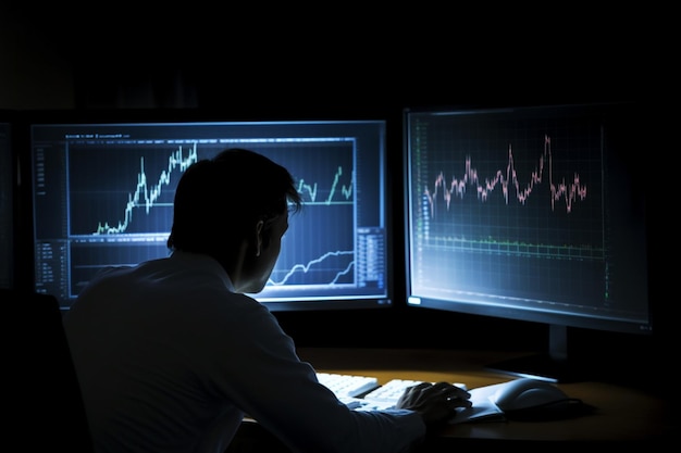 Data Analysis An unrecognizable man analyzing charts and graphs on a computer screen