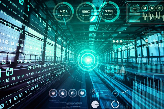 Data analytic concept with high speed motion digital transfer background