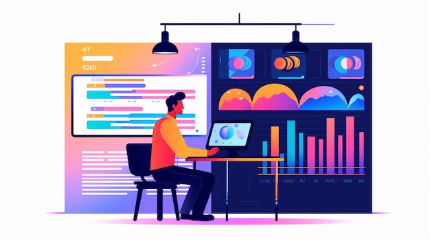 Data analytics charts graphs and a man analyzing data on screens