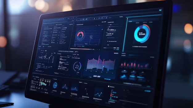 Photo data analytics dashboard displaying realtime metrics in a dimly lit office environment at night