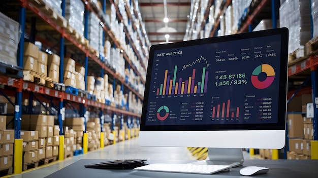 Photo data analytics and warehouse management system on computer screen