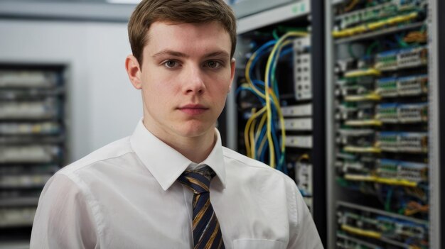 Data base administrator Portrait of young man looking at camera in data center server room