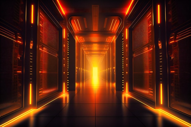 The data center corridor illuminated by a golden glow contains rack servers and supercomputers displaying mesmerizing internet connection visualizations