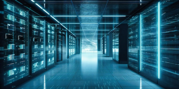 A data center interior with a bright hallway and blue dots