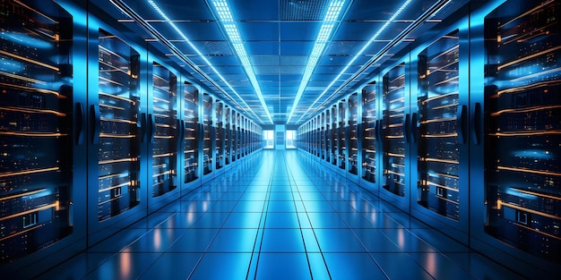 Data center security with server racks cabinets network storage and databases Concept Physical Security Network Security Data Storage Server Management Database Protection