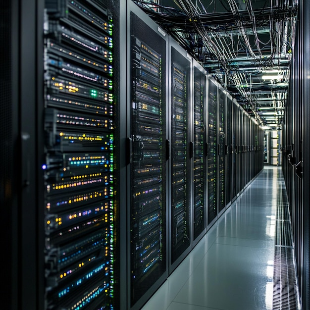 A data center view with racks of shared hosting servers