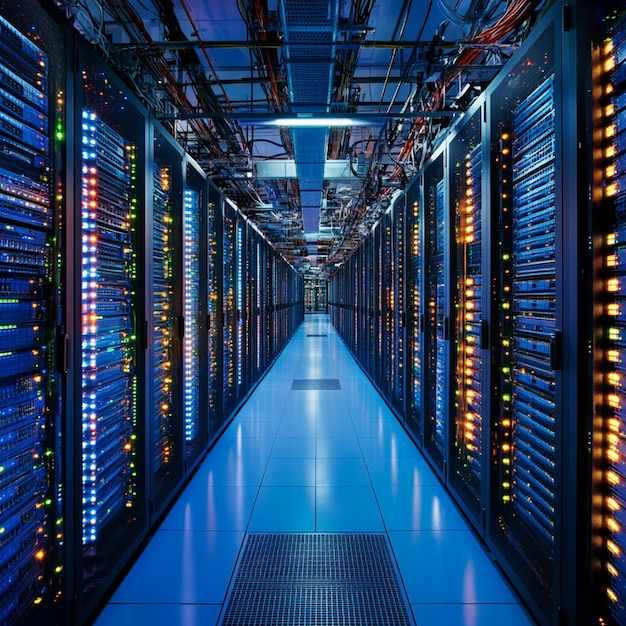 A data center view with racks of shared hosting servers