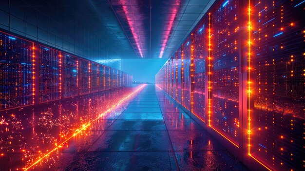 Data center with rows of servers and glowing lights technology and networking concept