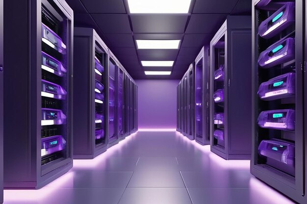 Data center with server racks in a corridor room 3d render of digital data and cloud technology