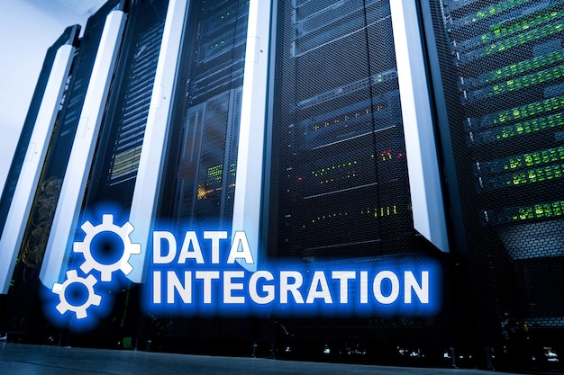 Data integration information technology concept on server room background