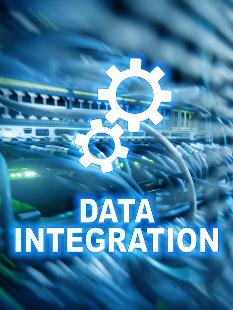 Data integration information technology concept on server room background