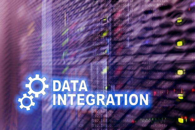 Data integration information technology concept on server room background