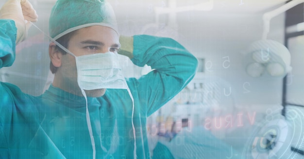 Data processing over a surgeon putting on mask, healthcare and technology concepts