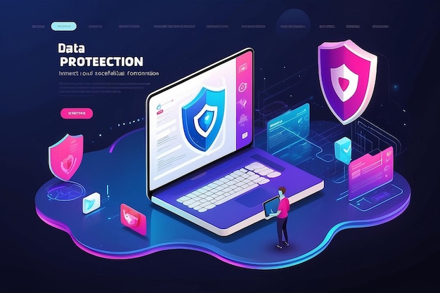 Data protection landing page Internet security Web design vector template