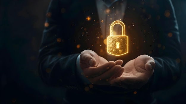 Data Protection Symbolized Businessman with Padlock Icon in Focus