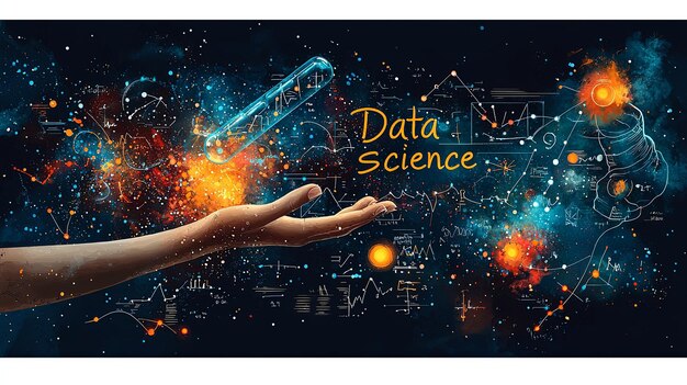 Photo data science visual with hand vibrant particles graphs and codes