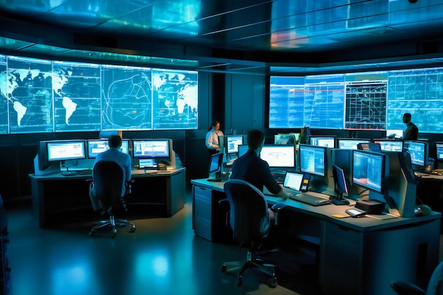 Data scientists collaborate in a futuristic control room filled with holographic big data displays