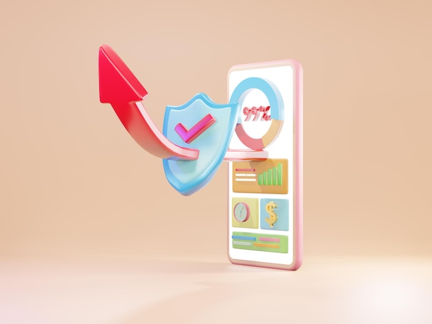 Data security protection, smartphone with shield and check mark, 3d illustration