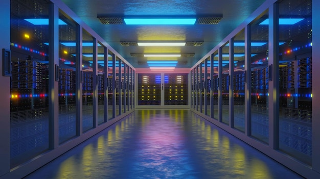 Photo data server center hallway with mainframe devices on racks for hosting storage in a led lights room