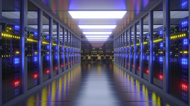 Photo data server center hallway with mainframe devices on racks for hosting storage in a led lights room