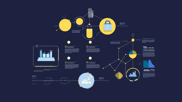 Data visualization infographic with charts graphs and icons on a dark blue background