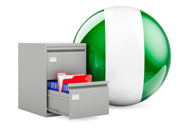 Database in Nigeria concept Folders in filing cabinet with Nigerian flag 3D rendering