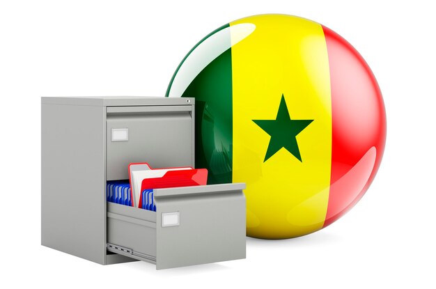 Photo database in senegal concept folders in filing cabinet with senegalese flag 3d rendering