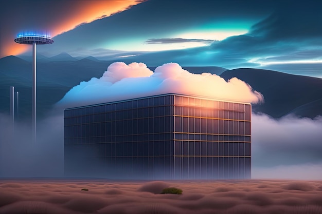 A datacenter building in the desert with clouds in the sky