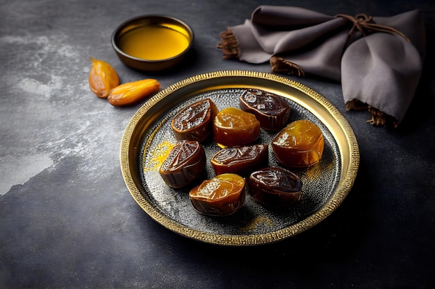 Date Fruits or Kurma on a brass plate on a background of gray concrete The Ramadan meal is dates and water Iftar meals for Ramadan Generative AI