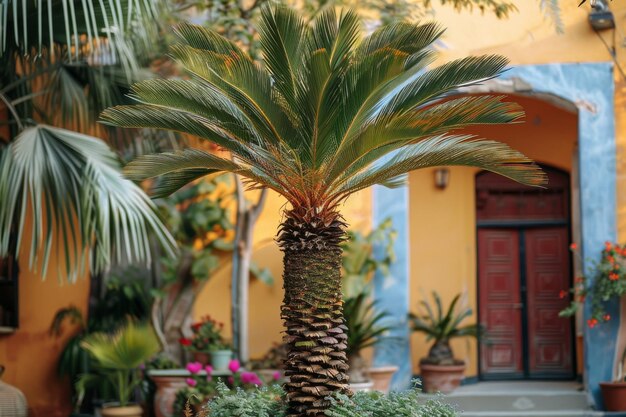 a date palm grows outside Concept of warm summer tropical climate lifestyle vacation