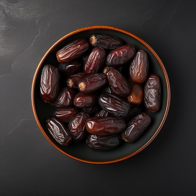 dates in black bowl isolated on plain background Top view