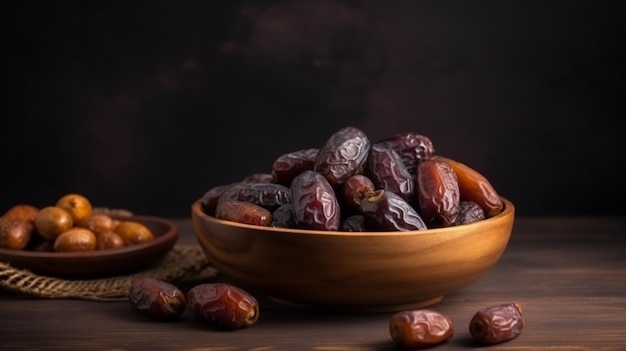 Dates or dattes palm fruit in wooden bowl is snack healthy