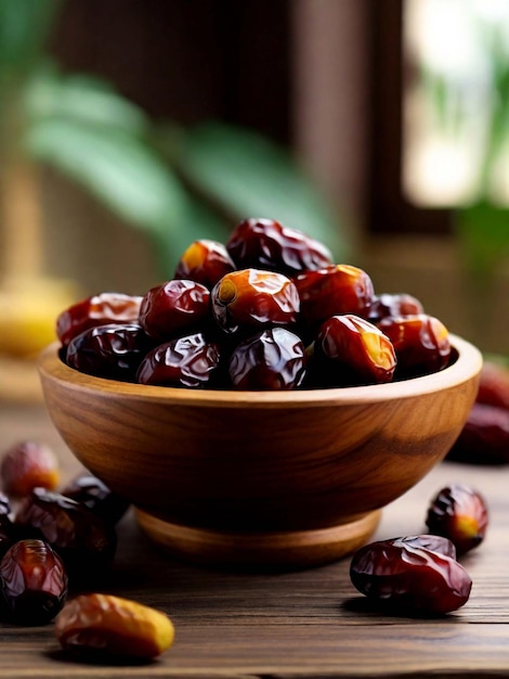 Dates or dattes palm fruit in wooden bowl is snack healthy