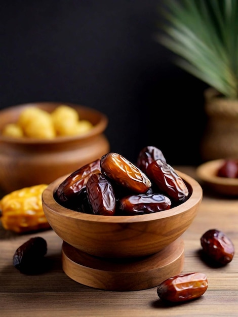 Dates or dattes palm fruit in wooden bowl is snack healthy