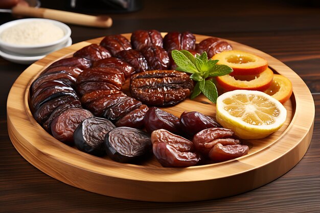 Photo dates and dry plums on a wooden platter