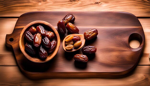 Photo dates fruit arranged on a wooden serving platter