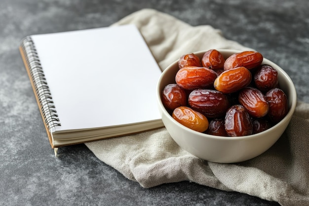 Photo dates fruit in bowl with blank notebook