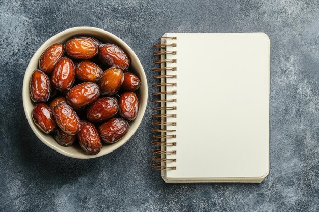 Photo dates fruit in bowl with blank notebook