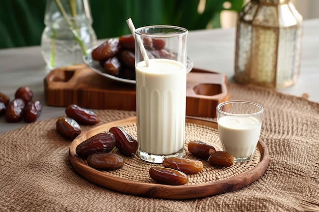 dates palm with a glass of milk in kitchen table professional advertising food photography