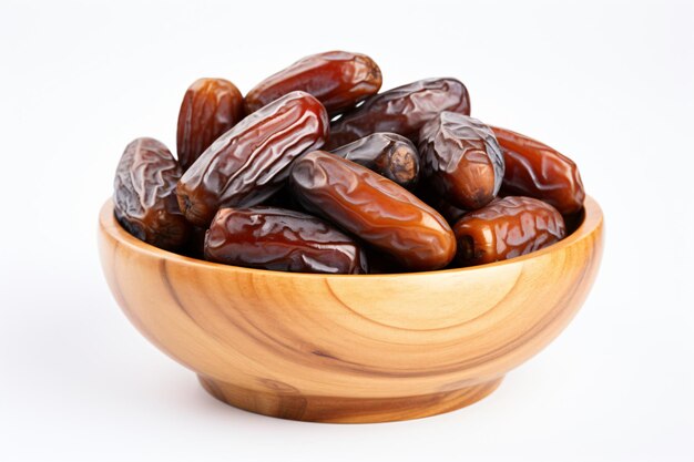 Dates in a wooden bowl on a white background