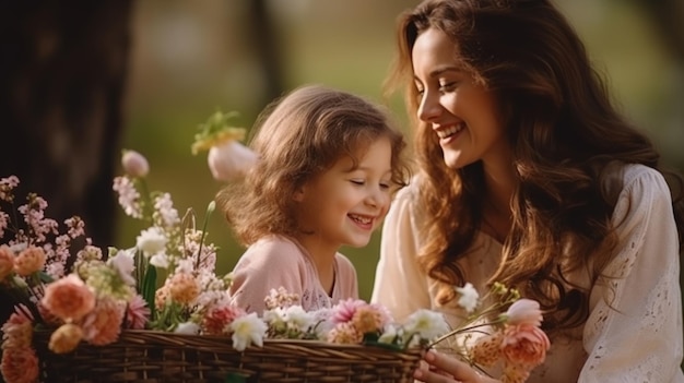 the daughter congratulates her mother and gives her a basket with spring flowers