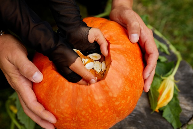 Daughter and father hands pulls seeds and fibrous material from a pumpkin before carving for Halloween. Top view, close up, View from above, copy space