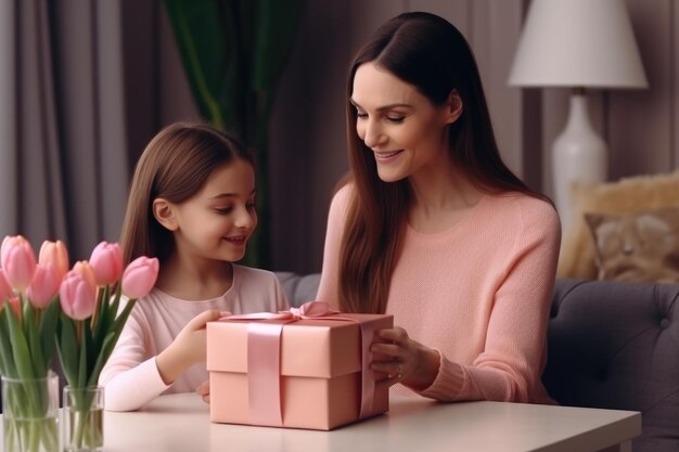 Photo daughter gives mom a box with a gift and a bouquet of tulips