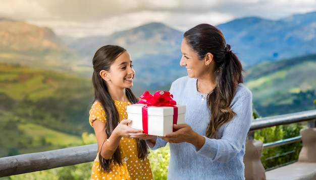 Daughter smilingly congratulates her mother with a gift on Mothers day